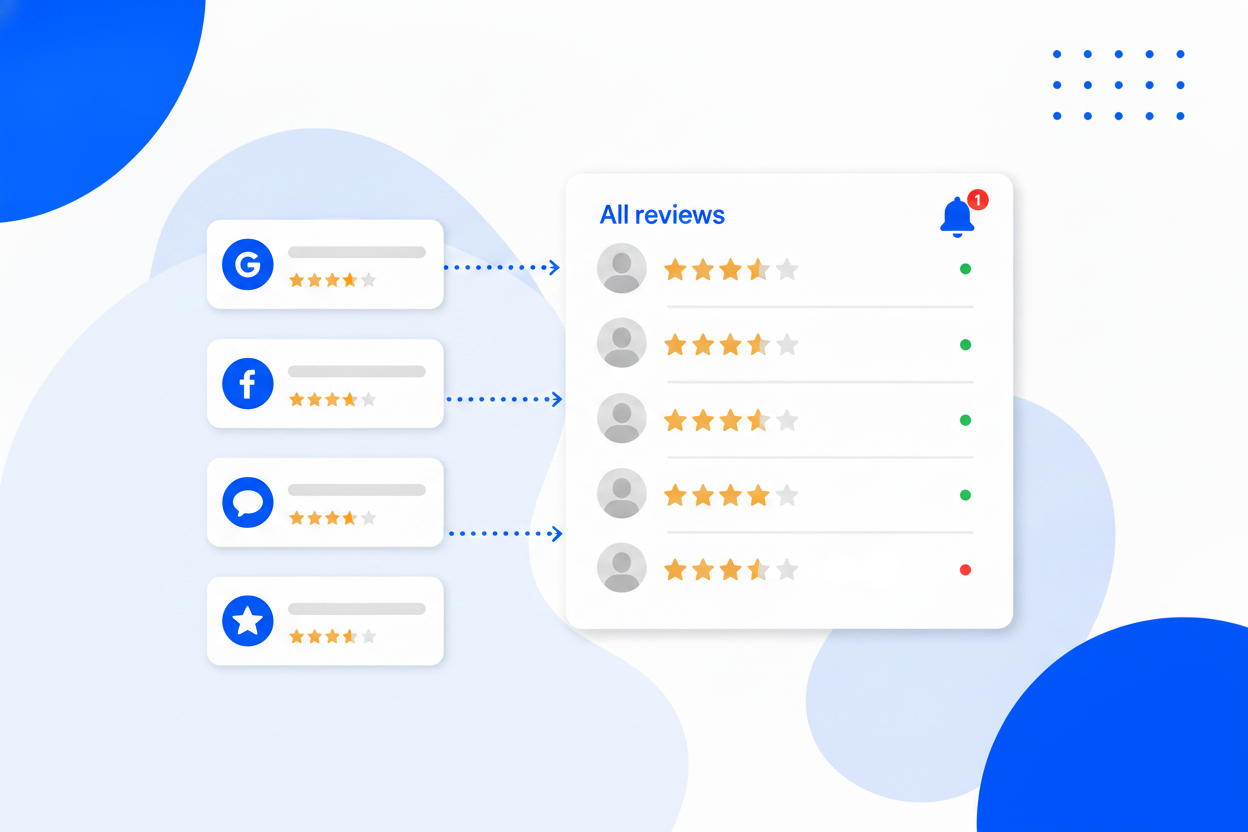 Reviews from Google, Facebook and Yelp flowing into one review inbox with alerts on a bad review