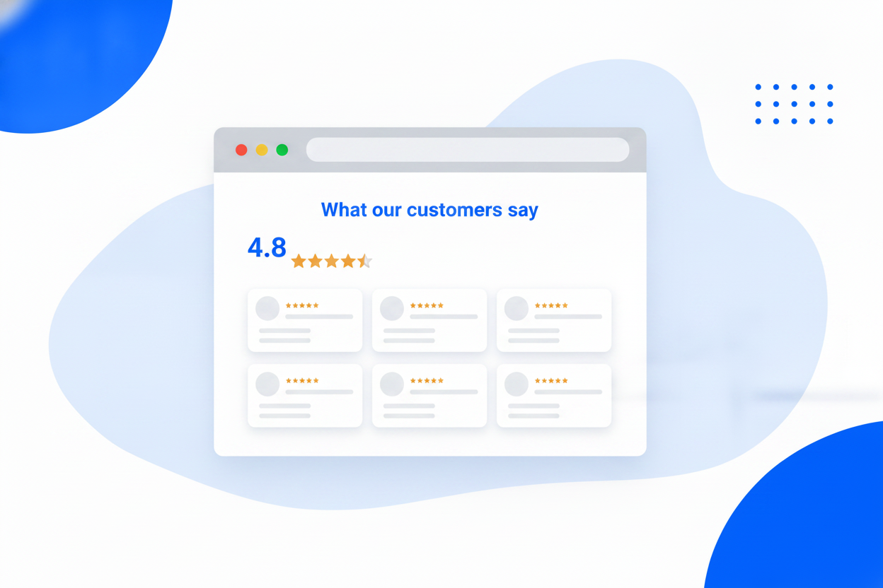 A website showing an embedded review widget with star ratings and customer review cards