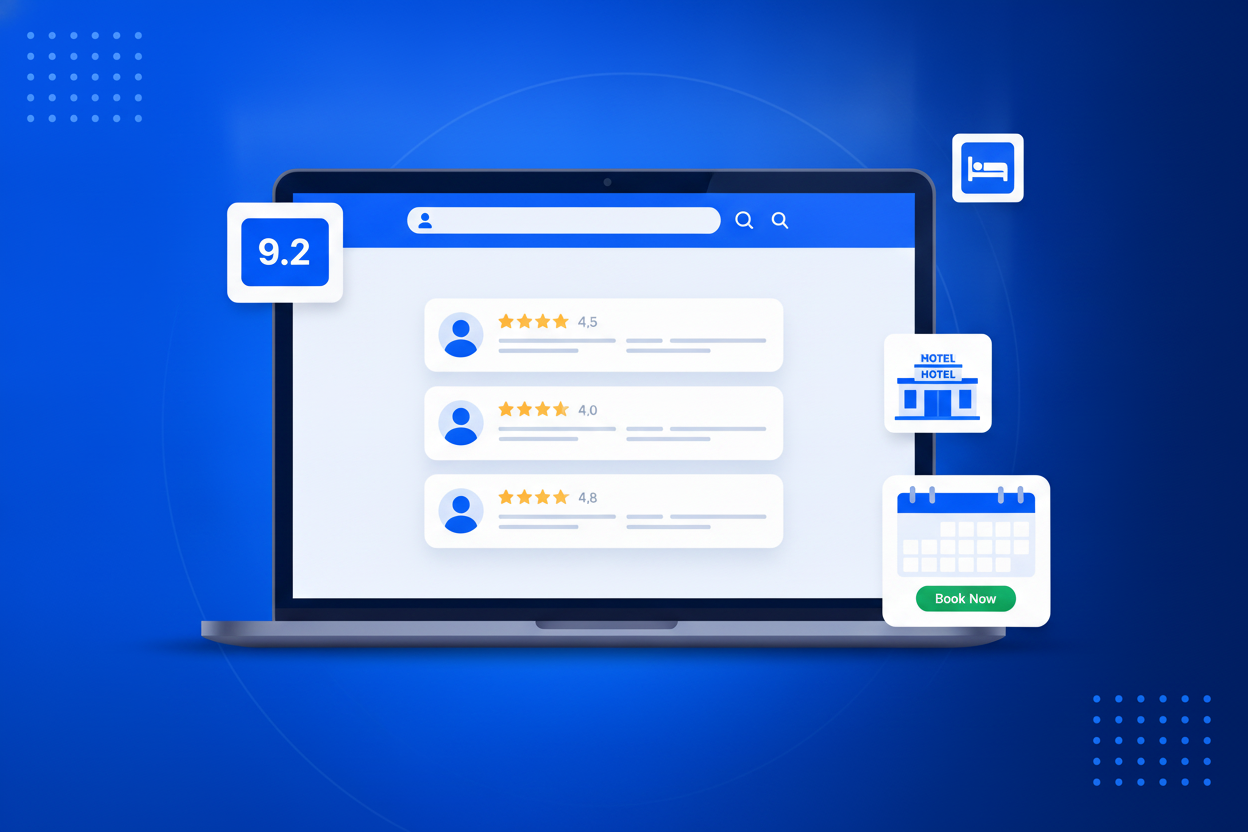 Booking.com Reviews Widget showing star ratings and review cards on a website