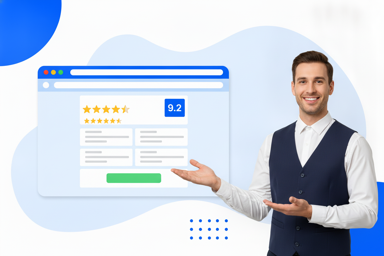A booking.com reviews widget with star ratings and customer review cards