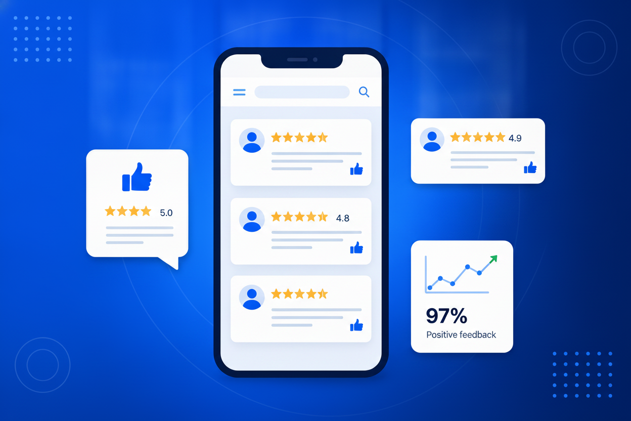 Facebook Reviews Widget showing star ratings and review cards on a website