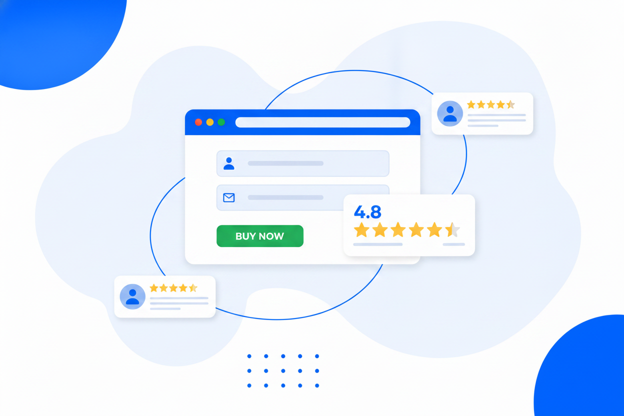 A social proof widget with star ratings and customer review cards