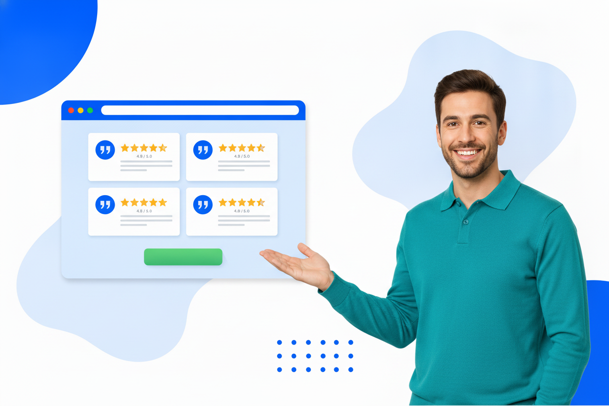A testimonial widget with star ratings and customer review cards