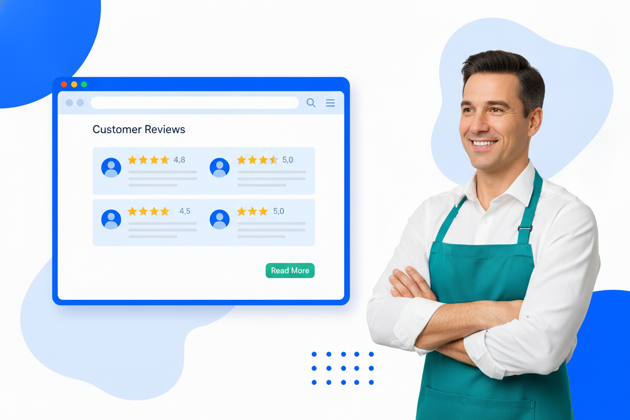 A yelp reviews widget with star ratings and customer review cards