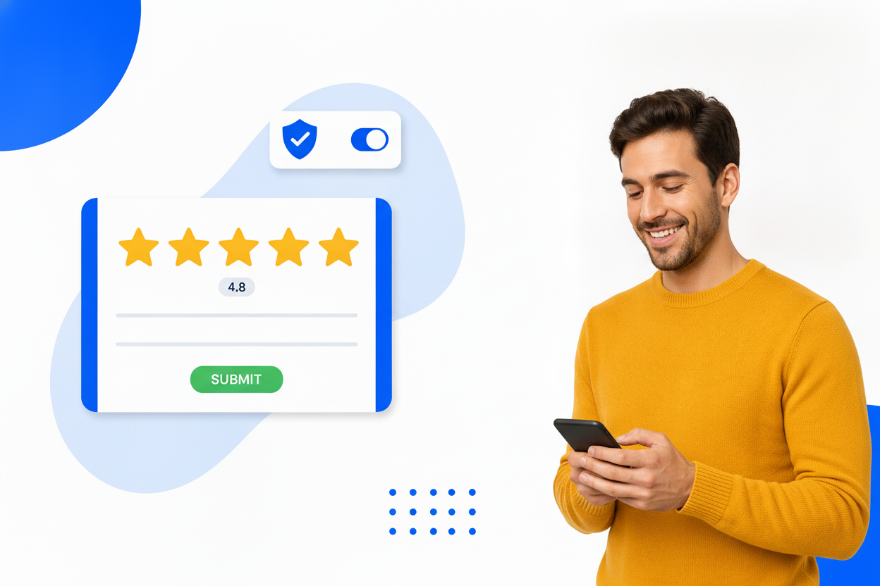 A write-a-review button collecting a new customer review on a website