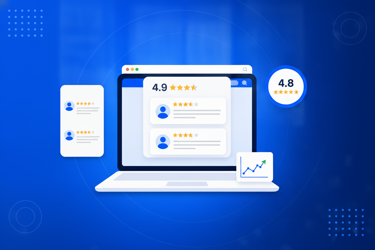 A review widget on a website showing star ratings, customer review cards and a rating summary badge