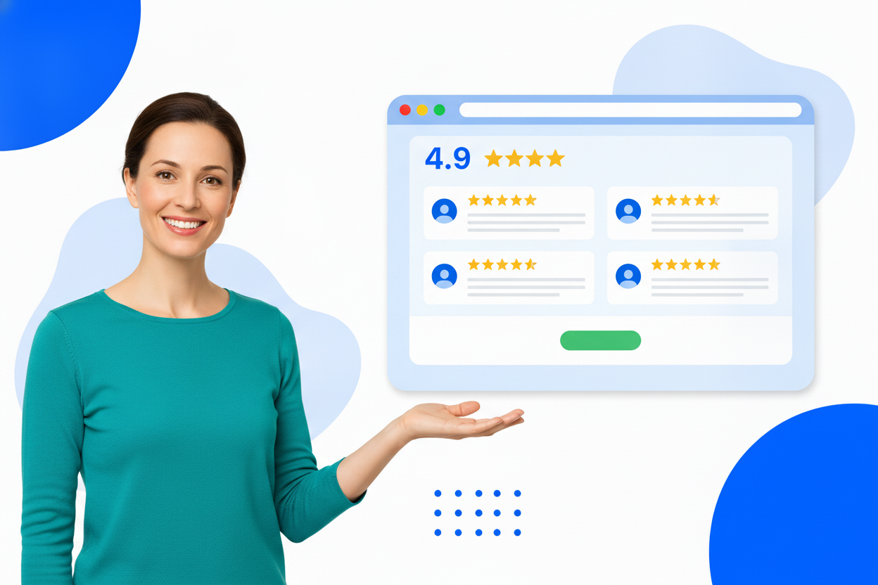 A website with an embedded review widget showing customer reviews and star ratings