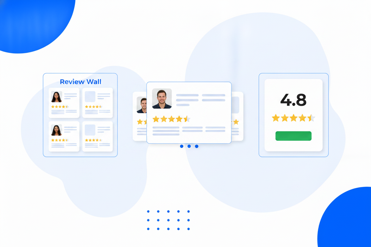 Three review widget layouts: a review wall, a carousel and a compact rating badge