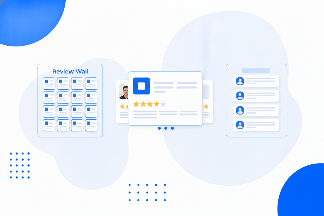 Three feed layouts: a grid, a carousel and a single column list